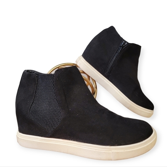Madden Girl Black Faux Suede Hidden Wedge High Top Sneakers Size 7 - Picture 3 of 17